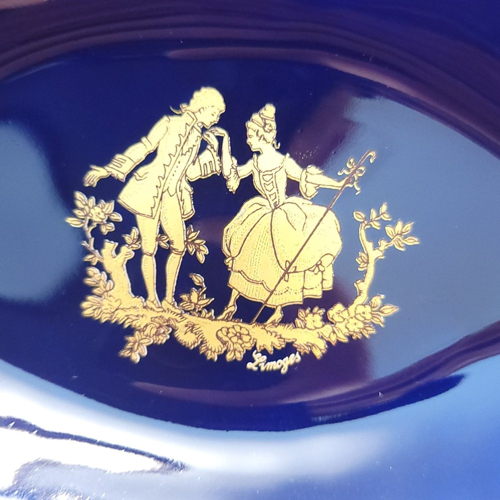 Limoges France Trinket Tray Cobalt Blue Courting Couple Gold Gilt Vintage Dish