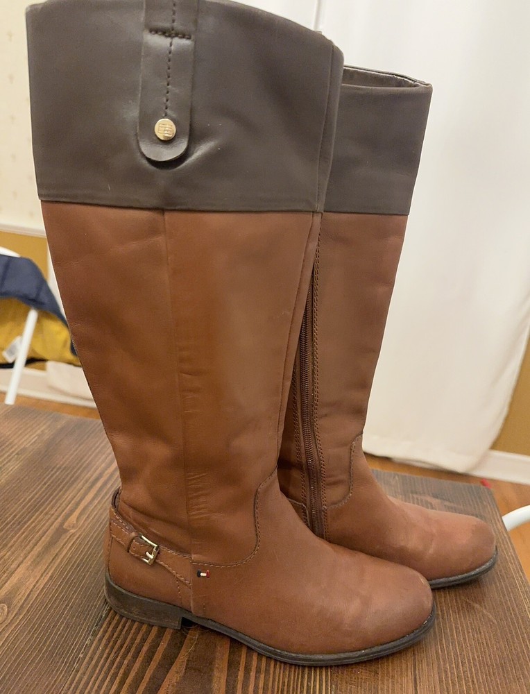 Tommy Hilfiger Womens Knee High  Two Tone Riding Brown Leather Boot  Sz: 7