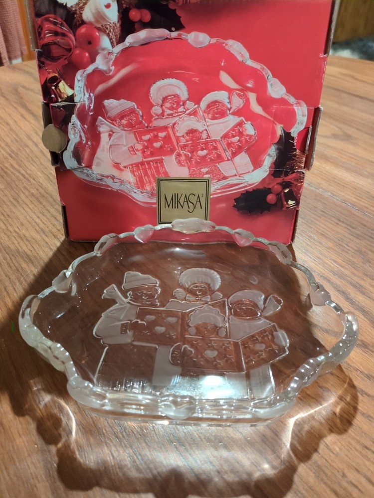 Vtg Mikasa Carolers Sweets Candy Dish Frosted Glass Original Box  Xmas Holiday