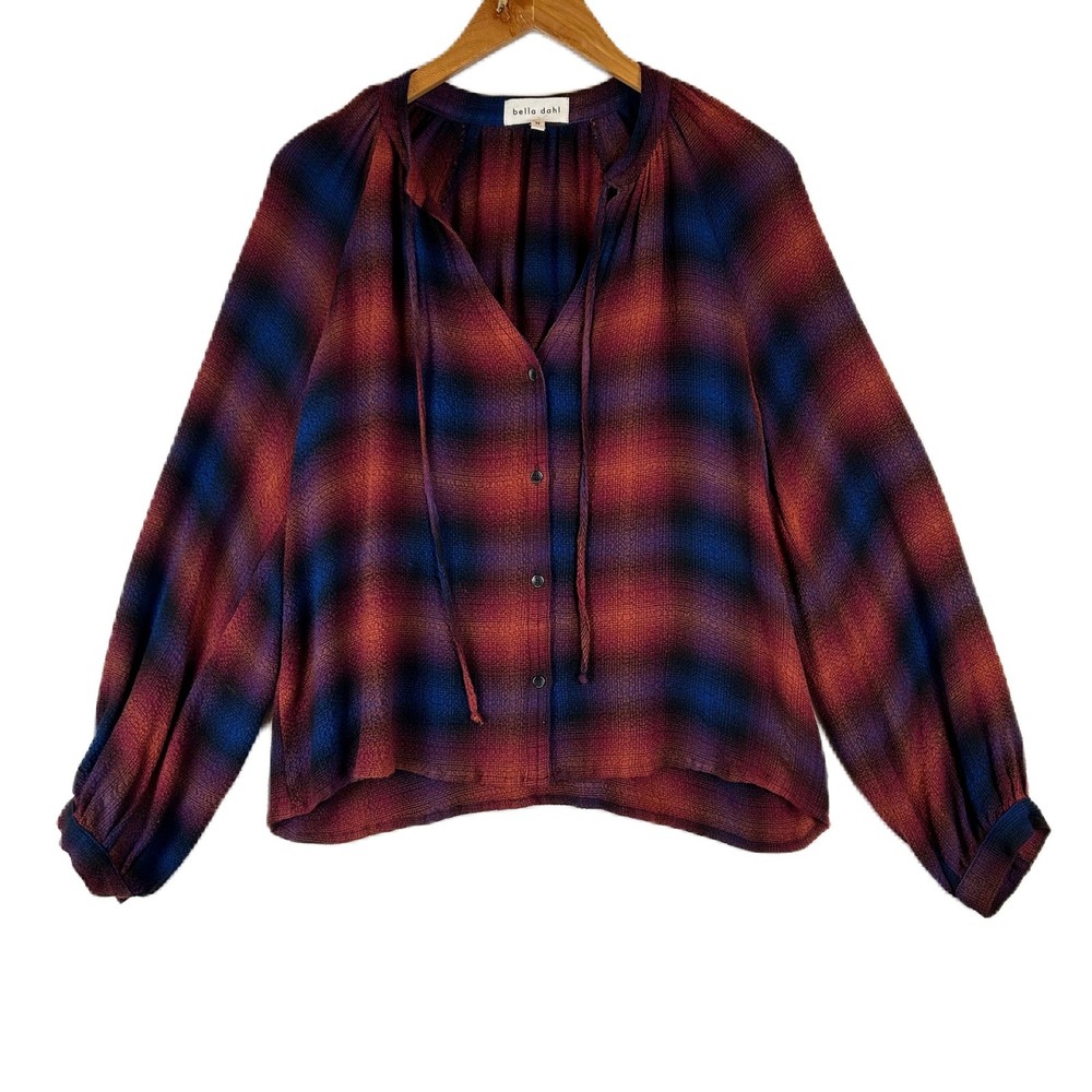 Bella Dahl Womens Plaid Button Front Tie Neck Blouse Red Blue Long Sleeve M
