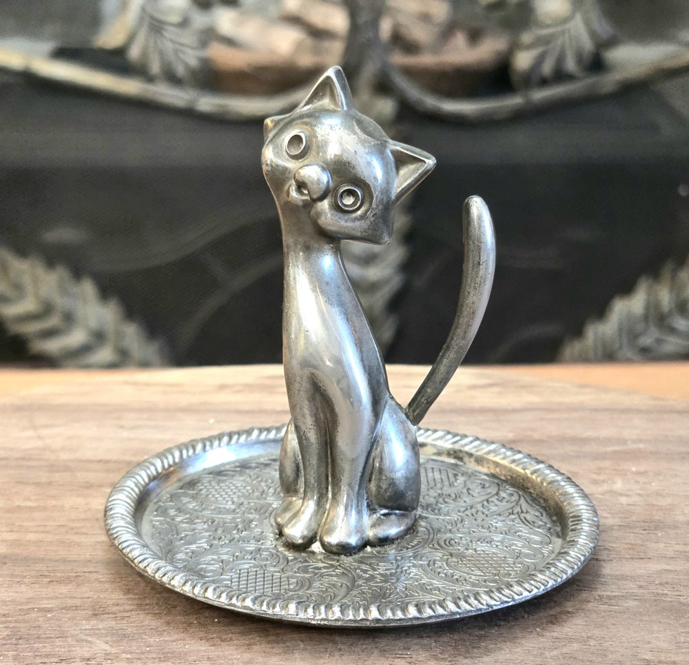 Vintage Zic Alloy Silver Plated Kitty Cat Ring Holder Collectible Trinket Dish