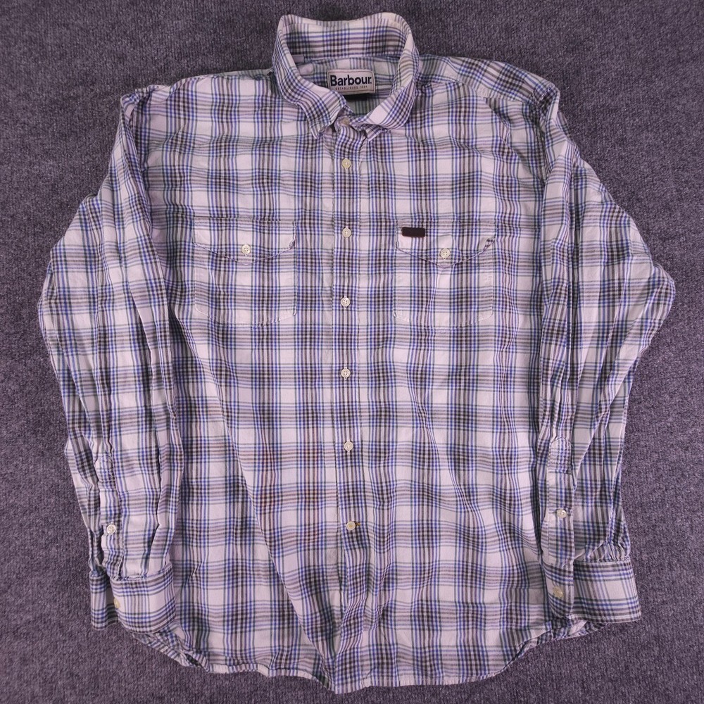Barbour Regular Fit White Green Blue Plaid Long Sleeve Button Down Shirt Large