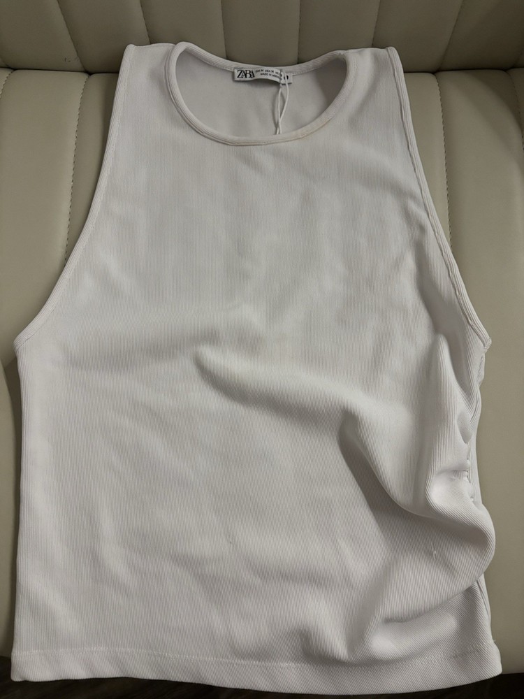 Zara White Ribbed Cotton Crop Tank Top Size Medium
