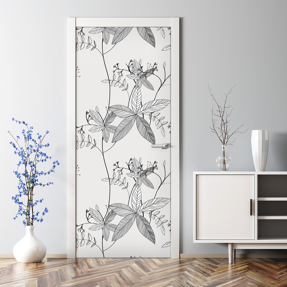 Bubble Free Door sticker Floral in doodle style Simple black and white Outlines