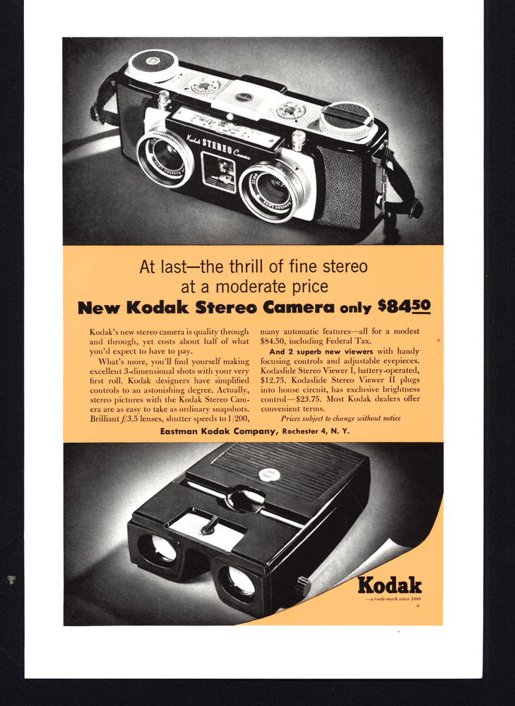 1955 Kodak Stereo Camera & Kodaslide Viewer Vintage Magazine Print Ad