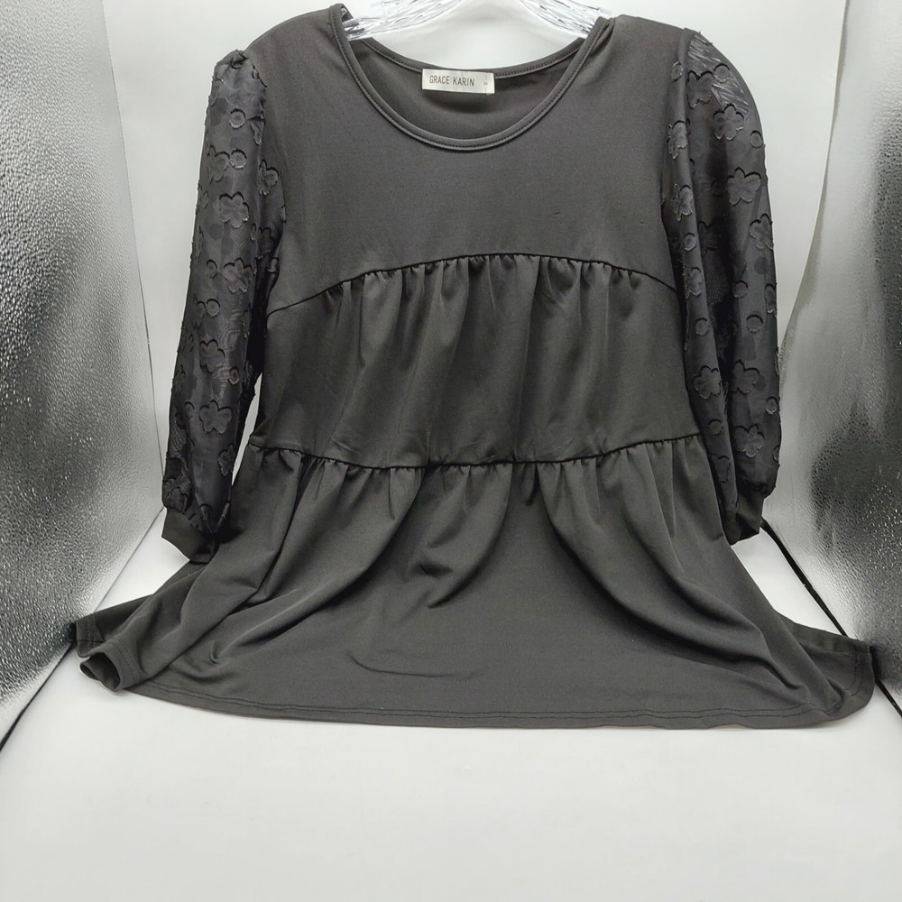 Grace Karin Black Sheer Floral Sleeve Blouse Size S