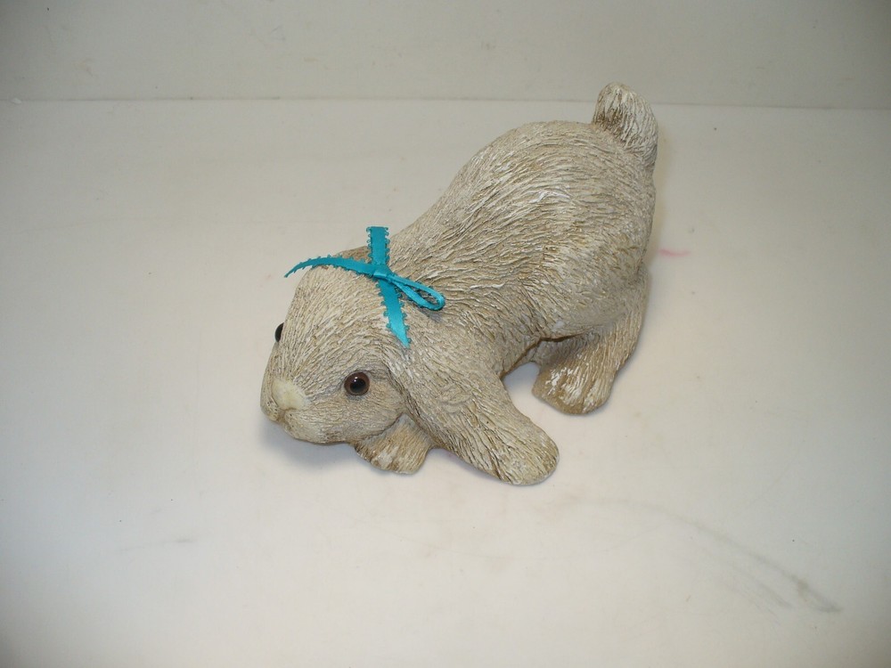 Ceramic Rabbit Bunny Statue 4in Tall 7in Long Blue Bow 1.11lb