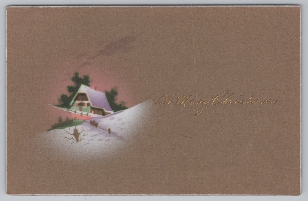 Holiday~Home On Hill & Christmas Greeting~Vintage Postcard