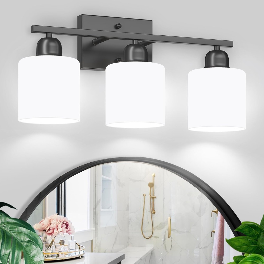 3-Light Bathroom Light Fixtures, Black Bathroom Vanity Lights with Milky Whit...