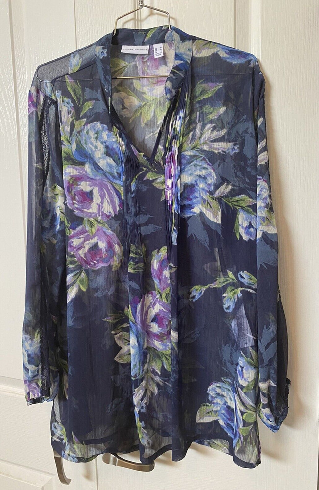 Women's Susan Graver Blouse M Sheer Blue Purple Floral Top Lace Tunic Medium