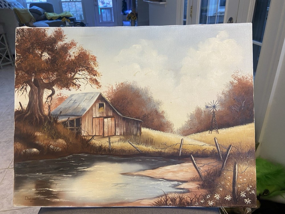 Vtg Oil Painting Barn Windmill Rustic Cottage  Barbed Wire Fence Signed Texas?