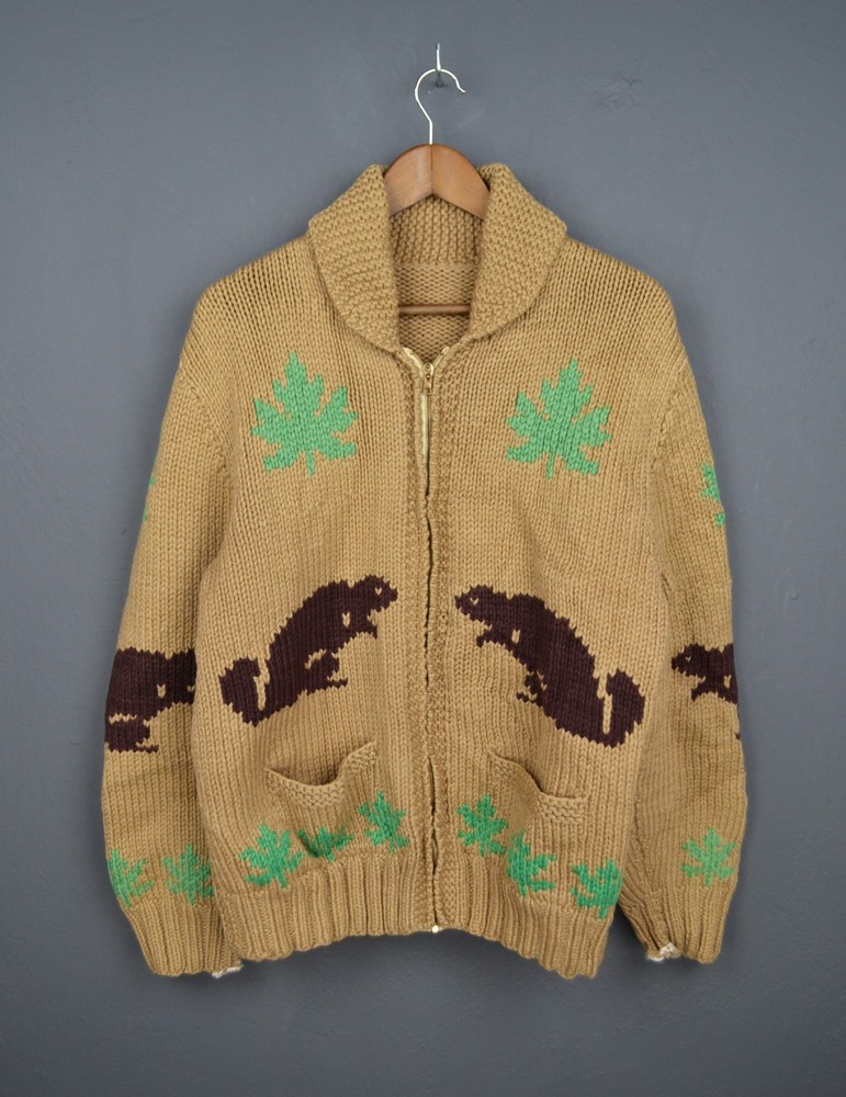 Vintage Hand Knit Wool Cowichan Siwash Totem Pole Beaver Leaves 1960s Jacket