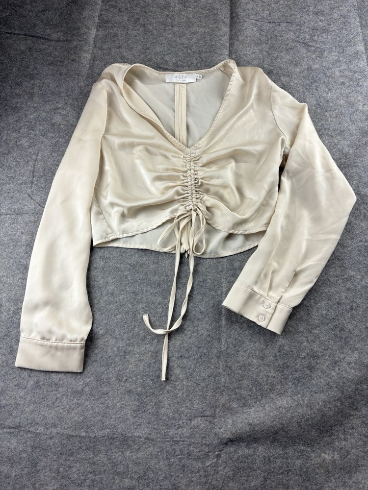 ASTR Women’s M Satin Ruched Cropped Blouse Ivory Long Puff Sleeve Going Out Top