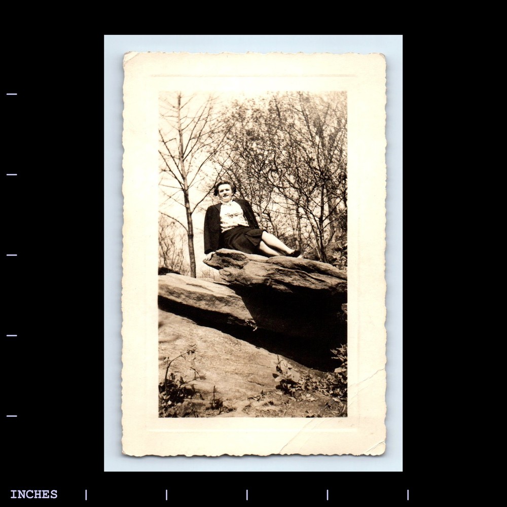 Vintage Photo LEGGY WOMAN SITTING ON A ROCK