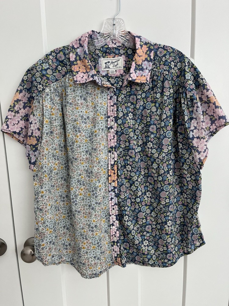 American Eagle Floral Patchwork Button Shirt Cottagecore Boho Top M Peasant