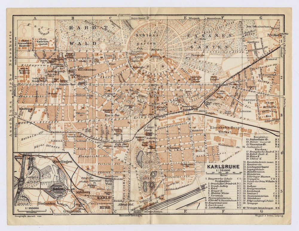 1925 Original Vintage Map Of Karlsruhe / Baden / Germany