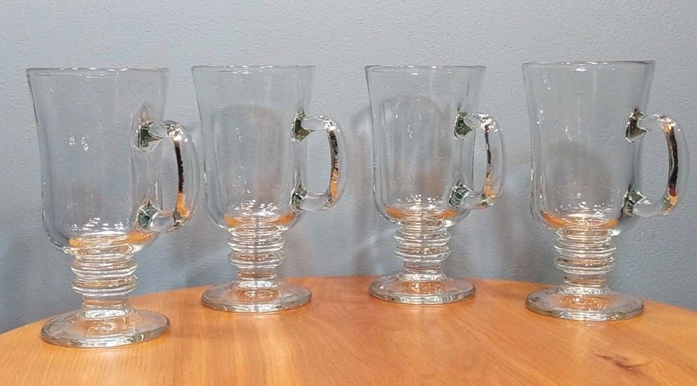 Vintage Thick Footed Clear Glass Coffee Mugs 8 oz 1 Cup Set of 4