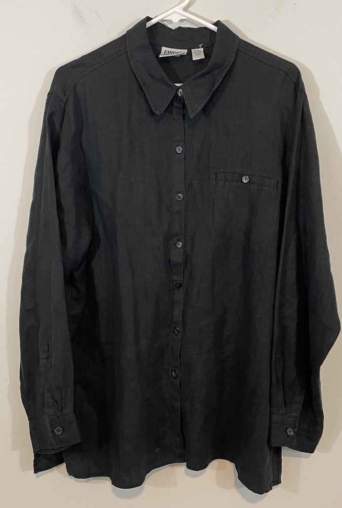 Chicos Design 100% Linen Button Up Shirt sz 3 womens XL Black long sleeve Top