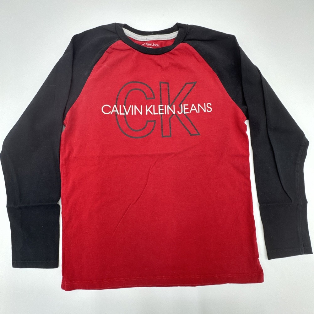 YOUTH Small Size 8 - BOYS CALVIN KLEIN JEANS LOGO LONG SLEEVE BLACK & Red TSHIRT