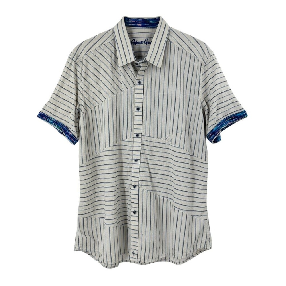 Robert Graham Mens Classic Fit Short Sleeve Button Up Shirt 2XL Blue Stripe