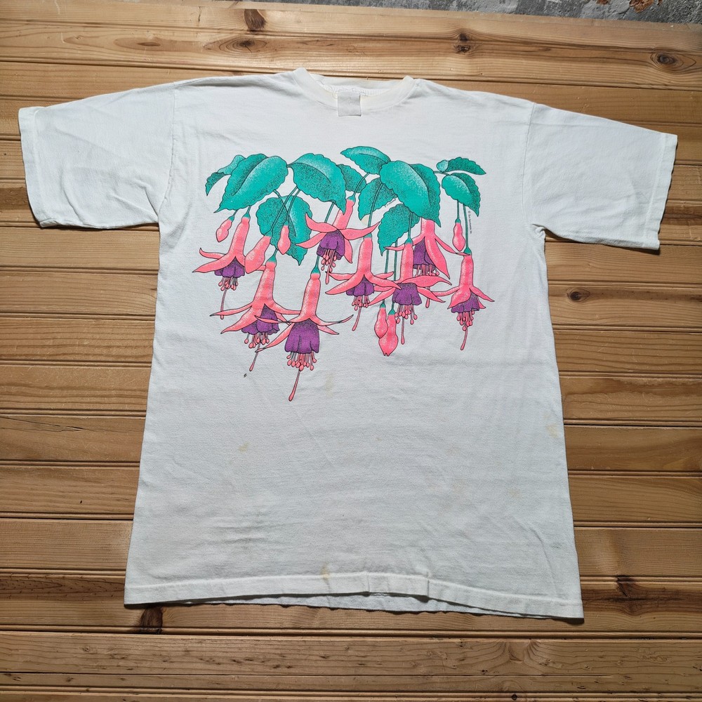 Vintage 90s Fuchsia Hummingbird Flowers Botanical Nature Graphic T-Shirt - Large