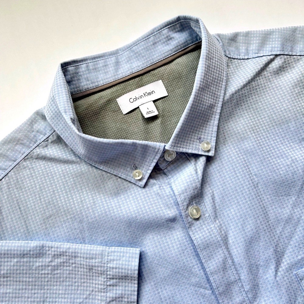 Calvin Klein Mens Light Blue Micro Check Short Sleeve Button Down Shirt Large