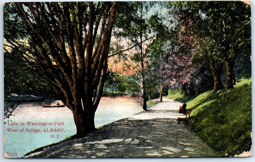 Postcard - Lake in Washington Park, West of Bridge - Albany, New York