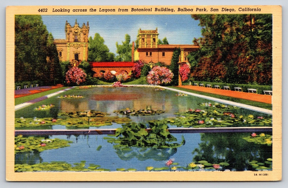 San Diego California~Balboa Park~Botanical Bldg~Lagoon Scene~Linen Postcard