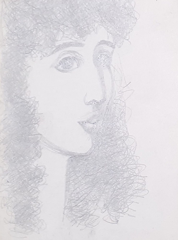 Vintage European modernist pencil painting girl portrait