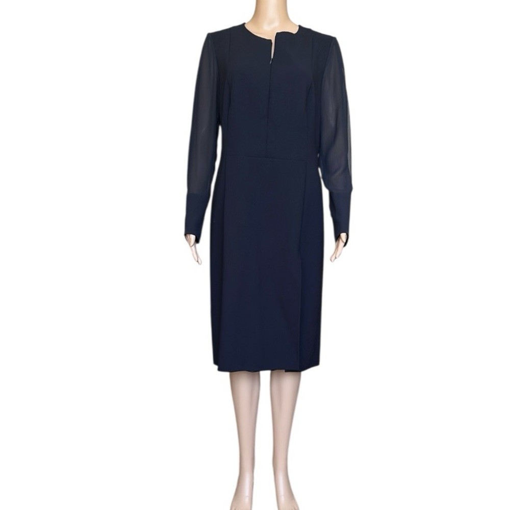 Akris Navy Blue Wool Dress with Silk Crepe-De-Chine Long Sleeve Size US 10 UK14