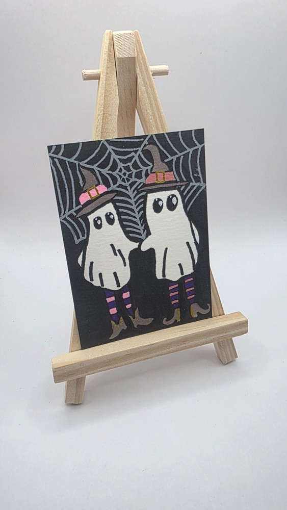 Cozy Haunts ACEO Original Ghost Art – Spiderweb Ghost Duo – Cute Halloween Mini