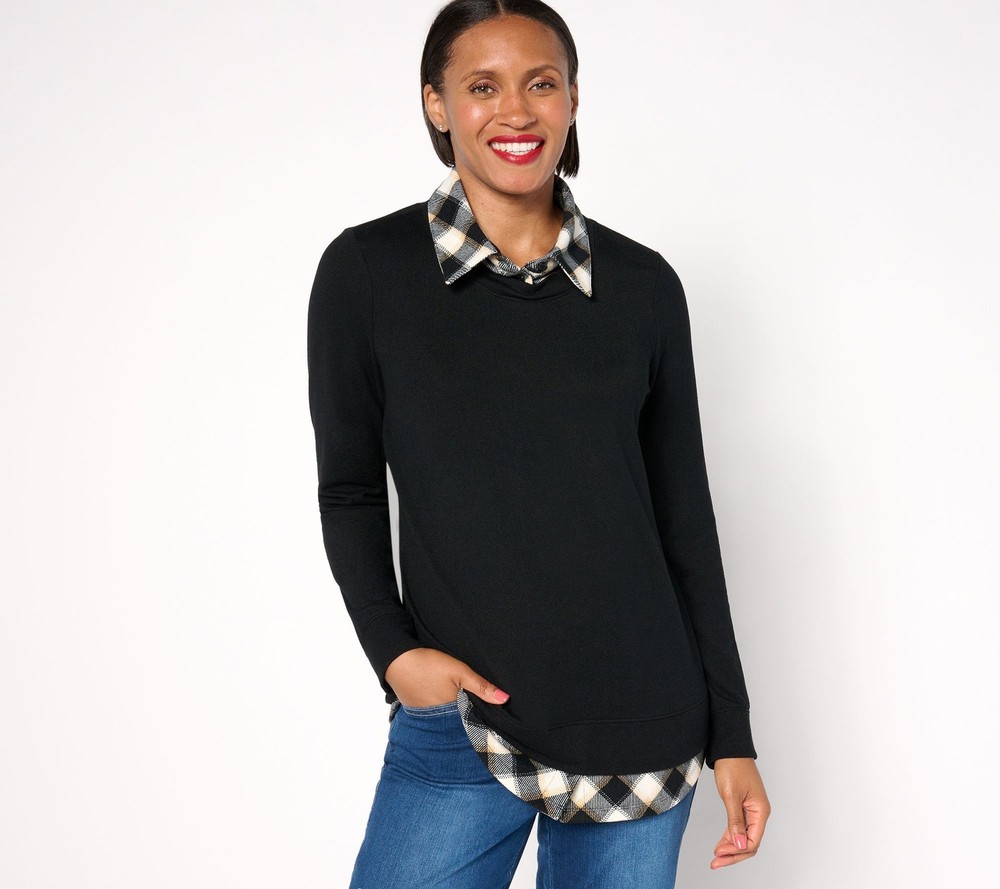Denim & Co. Women's Top Sz 2XS (XXS) Heavenly Jersey SolidPlaid Black A673723