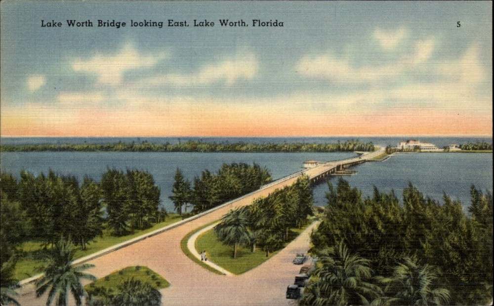 Lake Worth Bridge looking East ~ Florida aerial view ~ dated 1950 linen postcard