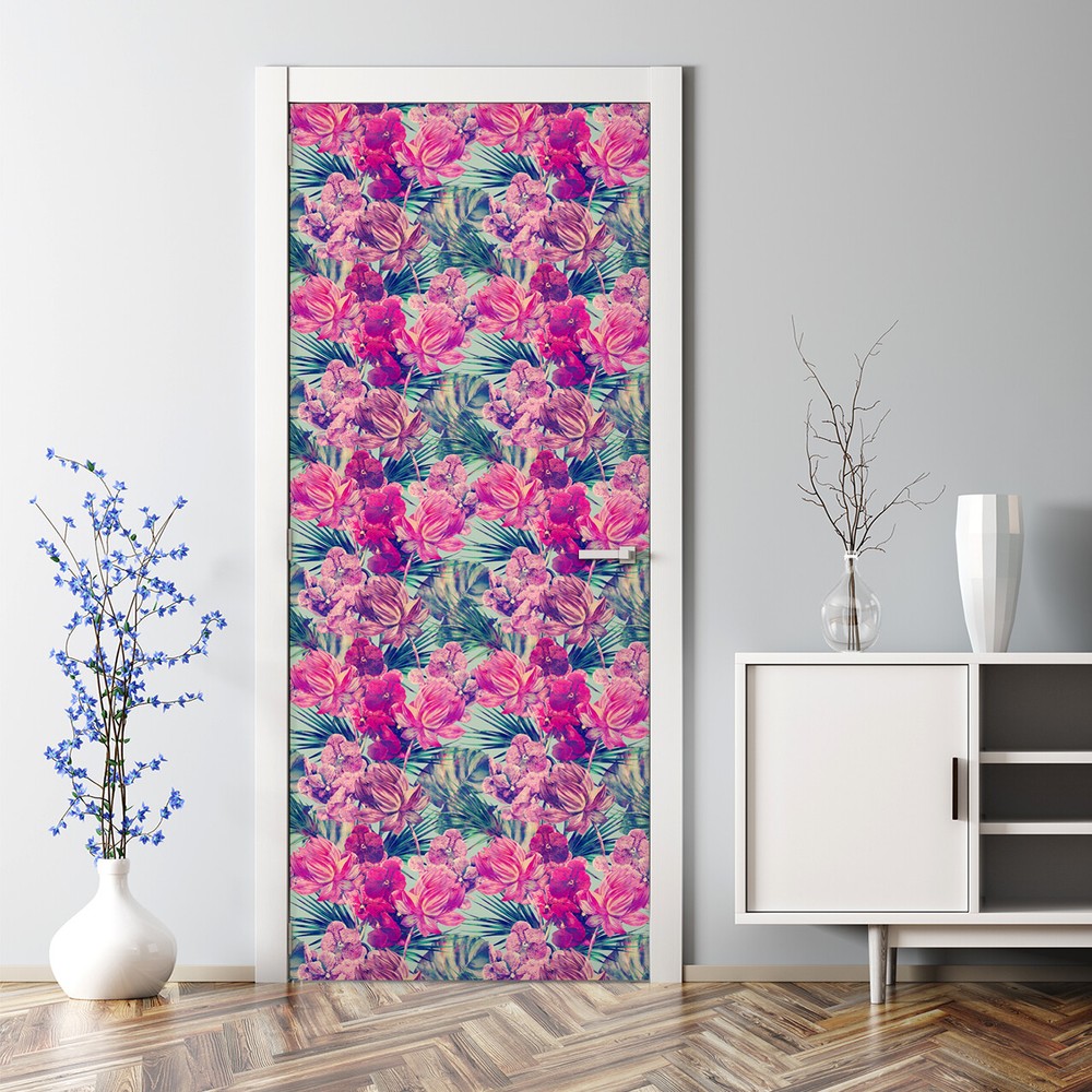 Pink Tropical Renters and Tropical Mural Tropical Print Self Adhesive Door Decal