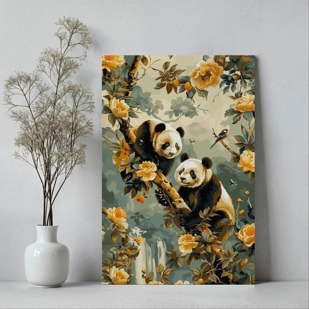 Animal Floral Botanic Pandas On Tree Peonies Wall Art Canvas Unframed Print Art