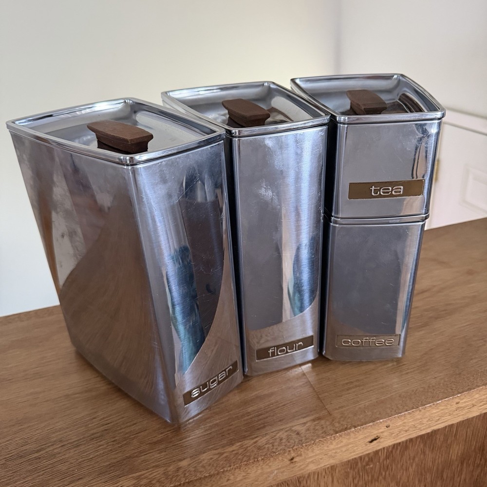 Retro Chrome Kitchen Canister Set Lincoln Beautyware Canisters Mcm 60s Stackable