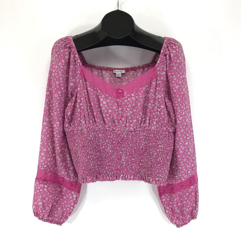 NEW American Eagle Floral Cropped Peasant Blouse Women's Large Smocked Bohemian