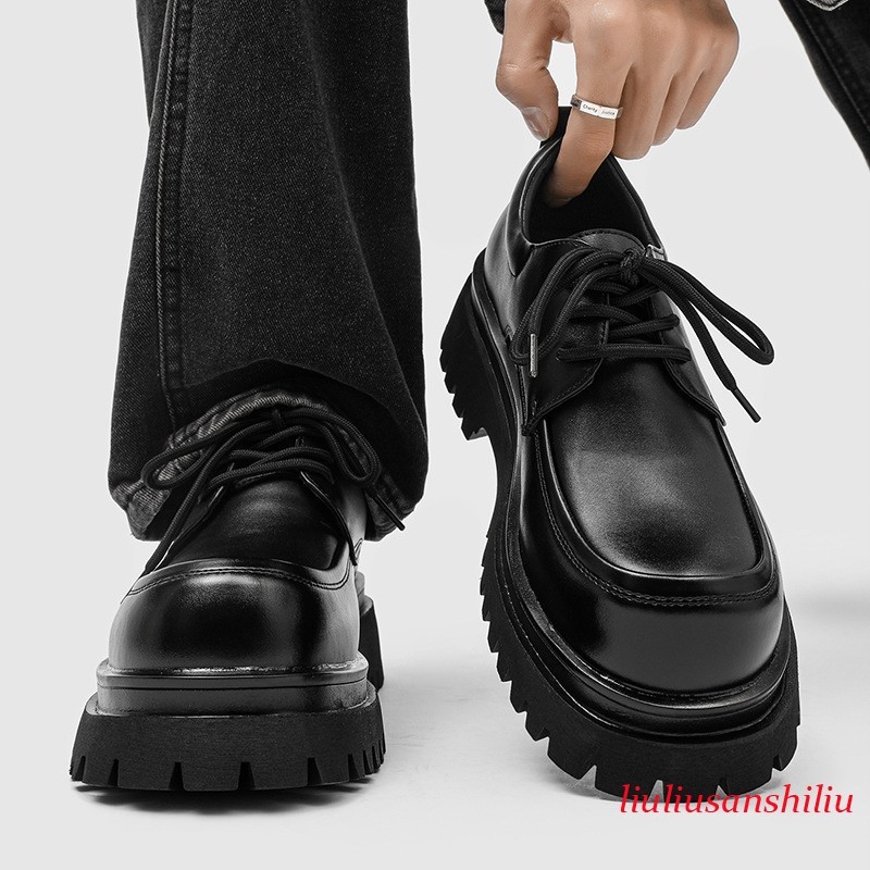 Men's Big Round Toe Platform Thick Sole Dress Lace Up Casual Derby Leather Shoes