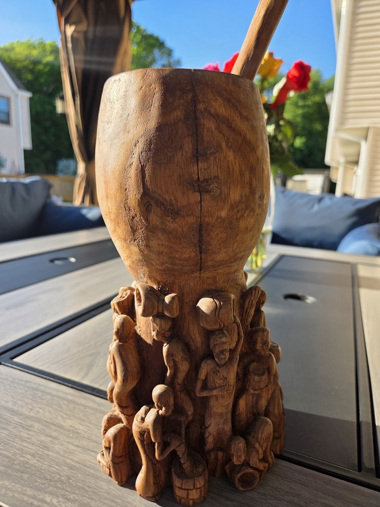Vintage Hand Carved African Tribal Wooden Mortar Vessel Folk Art Sculpture 11