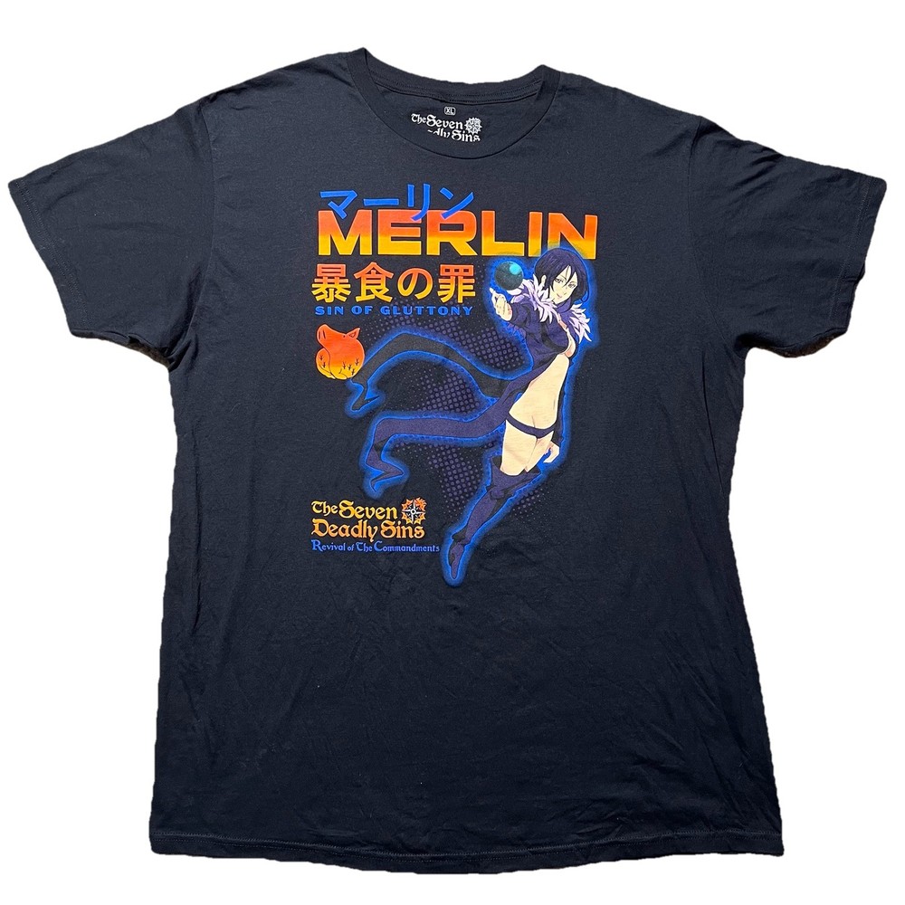 Seven Deadly Sins Merlin Gluttony H2F Anime T Shirt Mens XL Black Graphic Tee