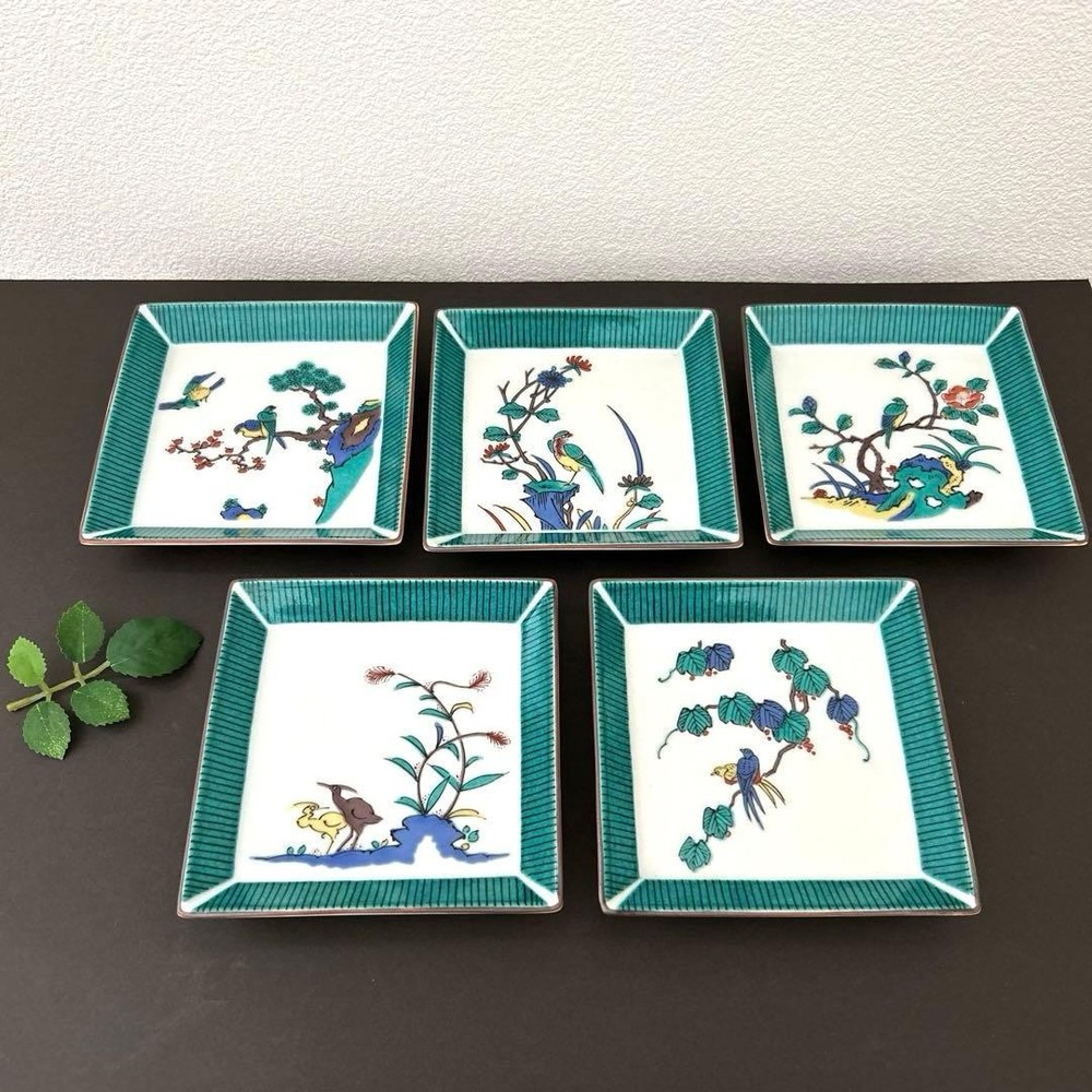 Kyoto Ware Senpo Flower & Bird Square Plate Set 5 Ceramics Unused 12.5cm