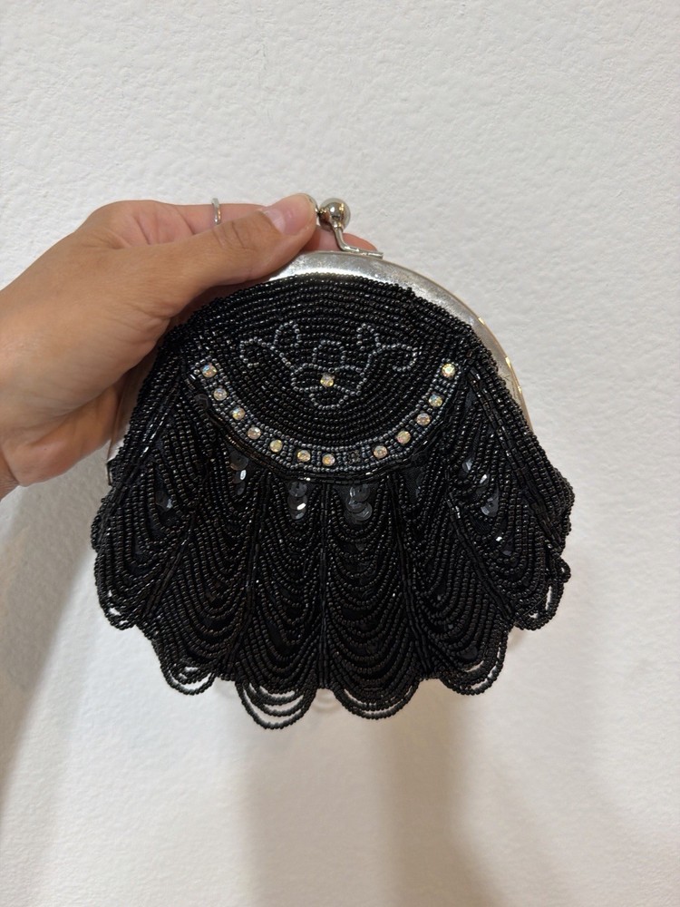 Vintage Black Beaded Evening Bag Art Deco Flapper Kiss Lock Purse Goth Glam