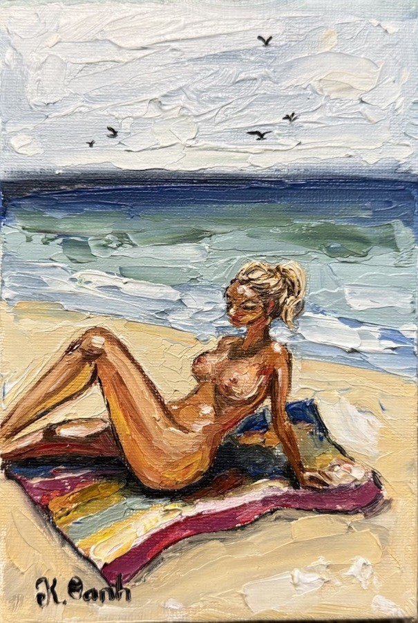 ORIGINAL OIL PAINTING NUDE WOMAN ON THE BEACH SEASCAPE LANDSCAPE SIGNED 4x6
