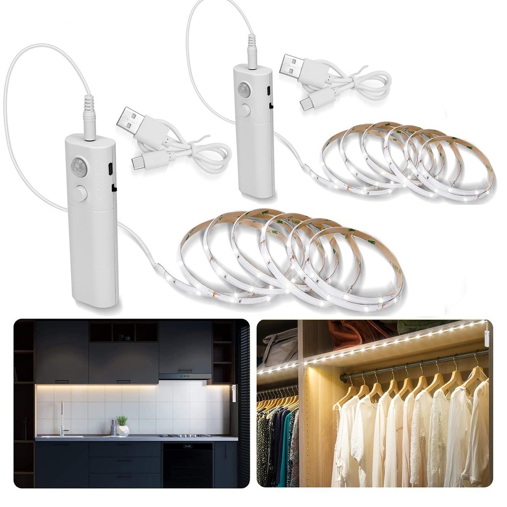 2pack Rechargeable LED Strip Lights with Motion Sensor - 2M Cool White LED Cl...
