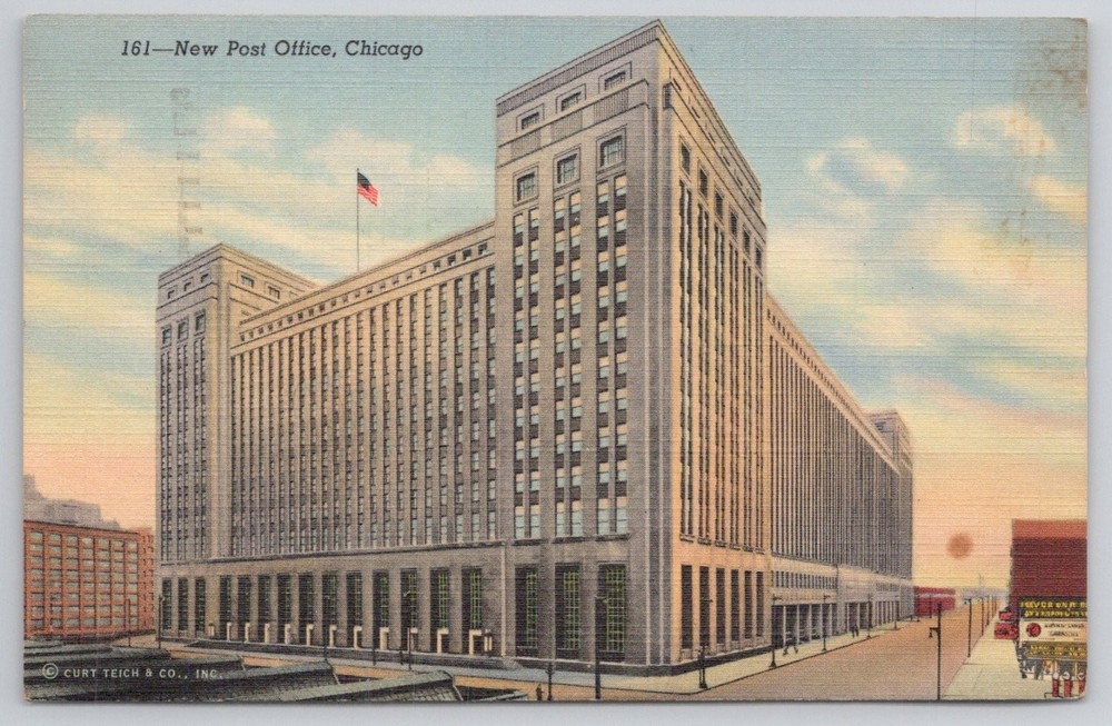 1933 Chicago New Post Office Curt Teich Art-Colortone Postcard Posted