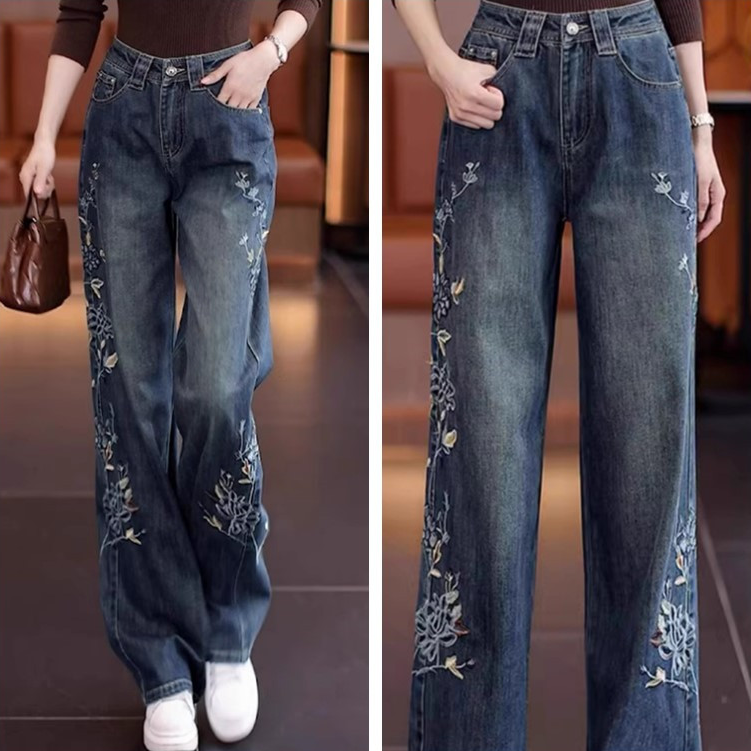 New Women's Embroidered Jeans High Waist Floral Denim Pant Straight Leg Trousers