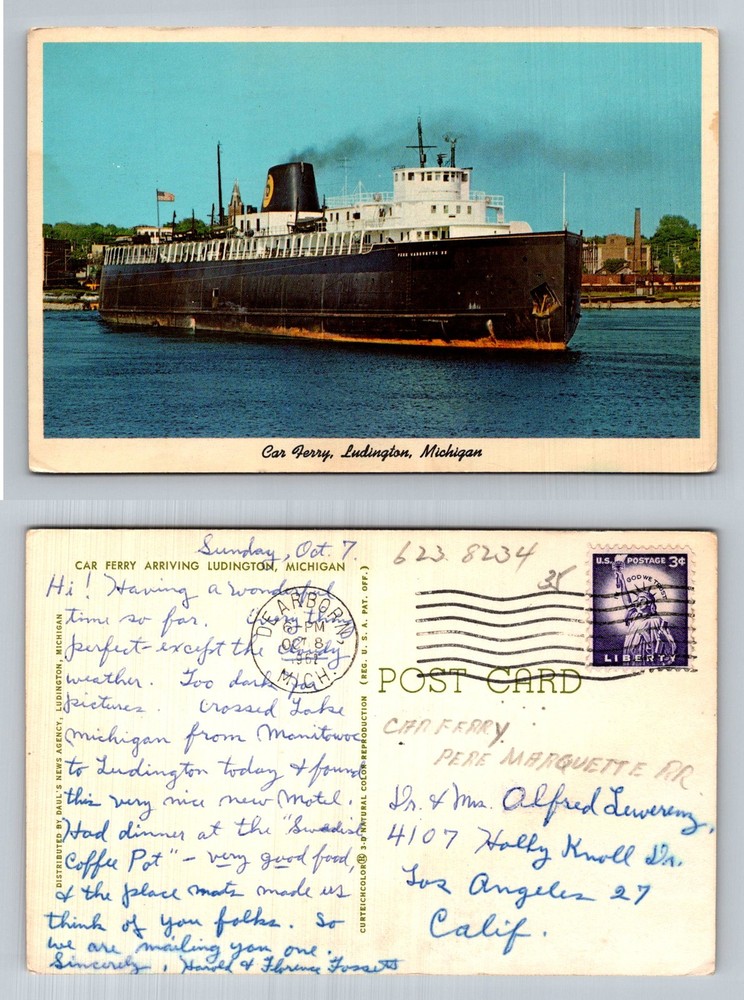 Ludington, MI-Michigan, Car Ferry Lake Crossing Vintage c1962 Postcard