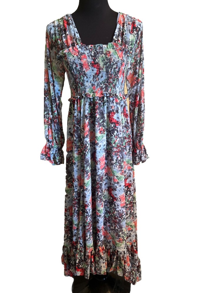 Cinq A Sept Leigh Floral Square Neck Smocked Maxi Dress Size 6