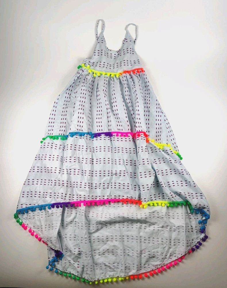 Lola And The Boys Girls Dress Size 12 St Barths Blue Rainbow High Low Pom Pom