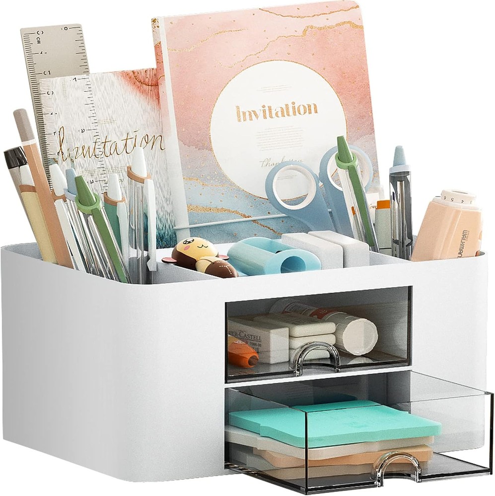 Marbrasse Pen Organizer with 2 Drawer, Multi-Functional Pencil Holder White